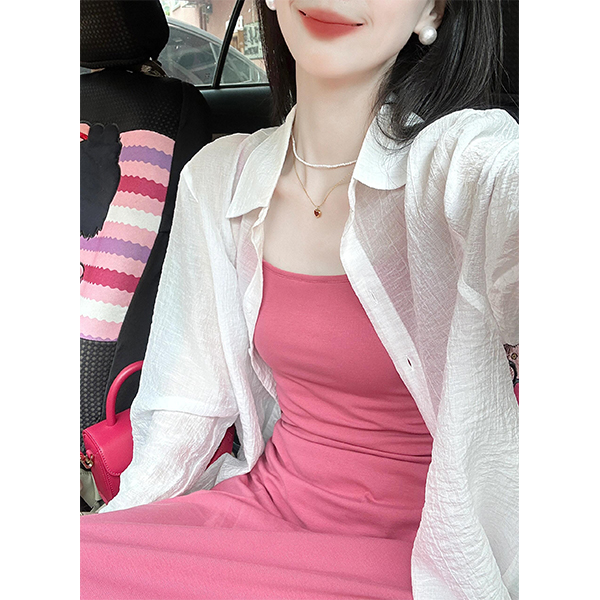 气质初恋粉色套装度假风纯色吊带连衣裙女夏季防晒衬衫外套两件套