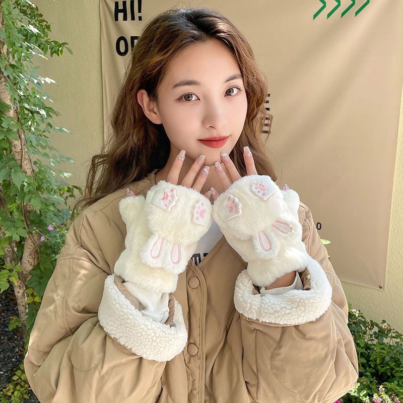 手套女秋冬季加绒加厚毛绒日系可爱ins卡通骑车保暖翻盖半指防寒