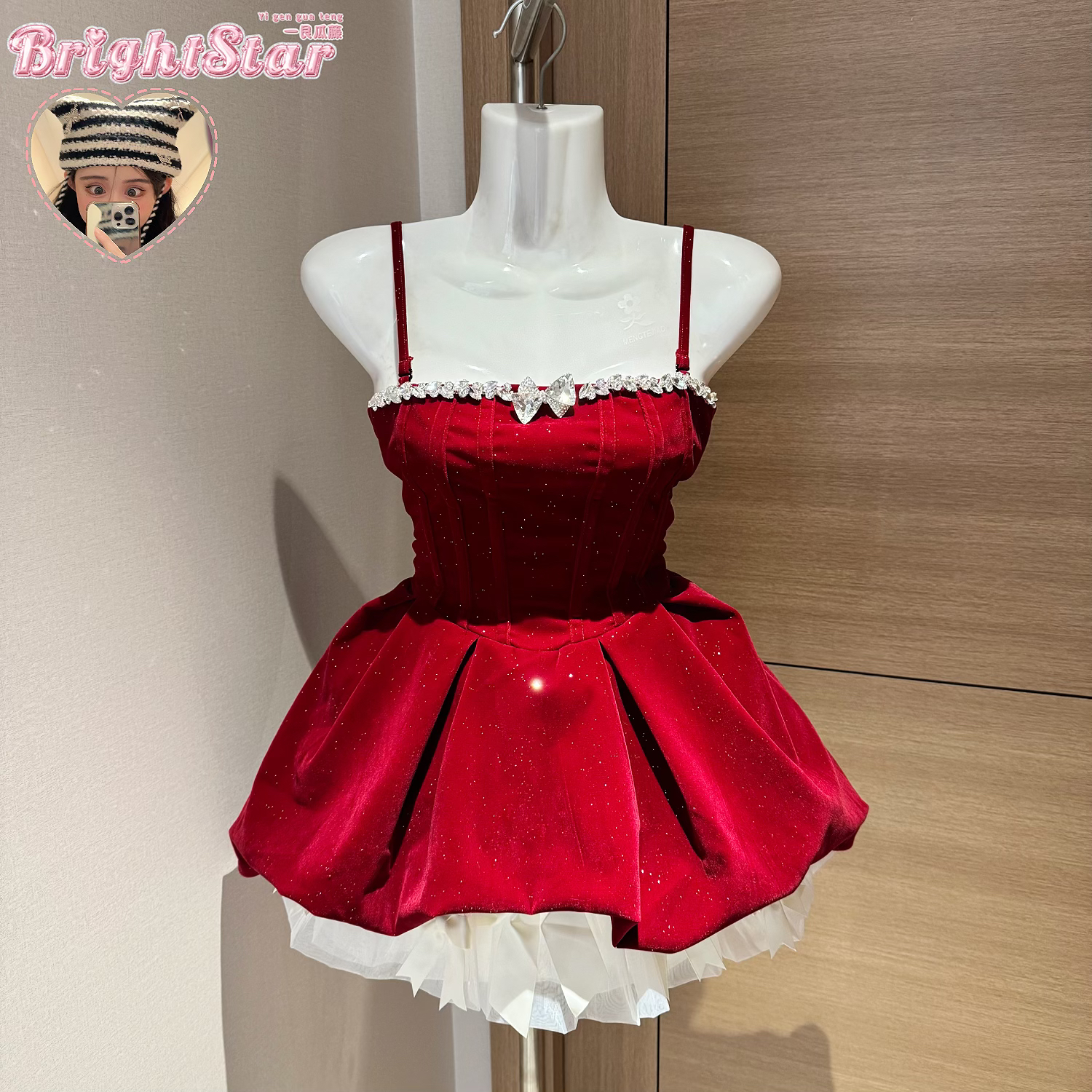 初雪/重工红丝绒抹胸短裙节日圣诞小礼裙➕蝴蝶结裙撑两件套