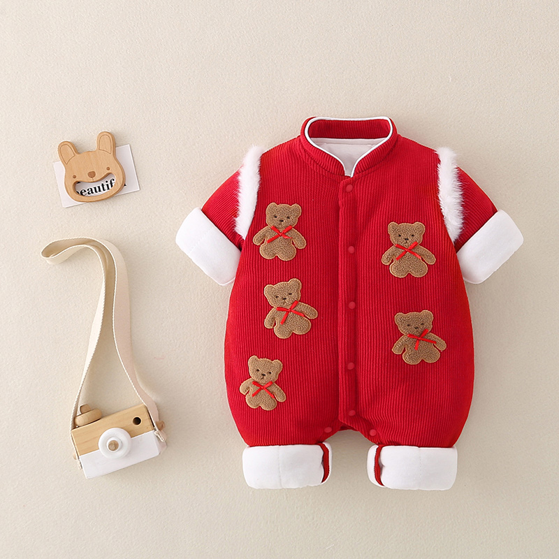 婴儿连体衣男女宝宝冬季红色喜庆拜年过年周岁加厚衣服外出服新年
