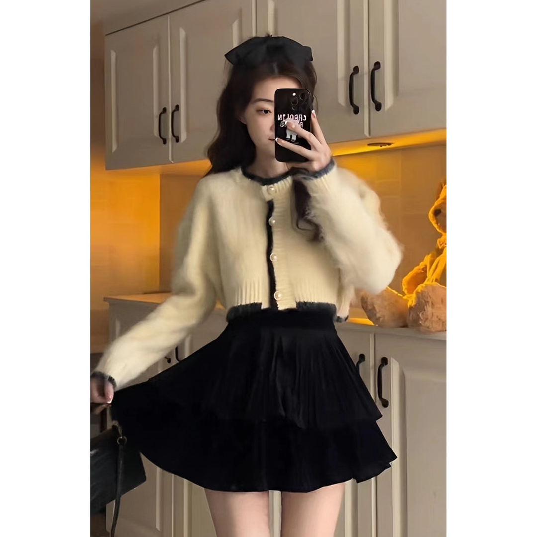 2023小个子秋冬千金小香风气质长袖毛衣两件套黑色蛋糕半身裙套装
