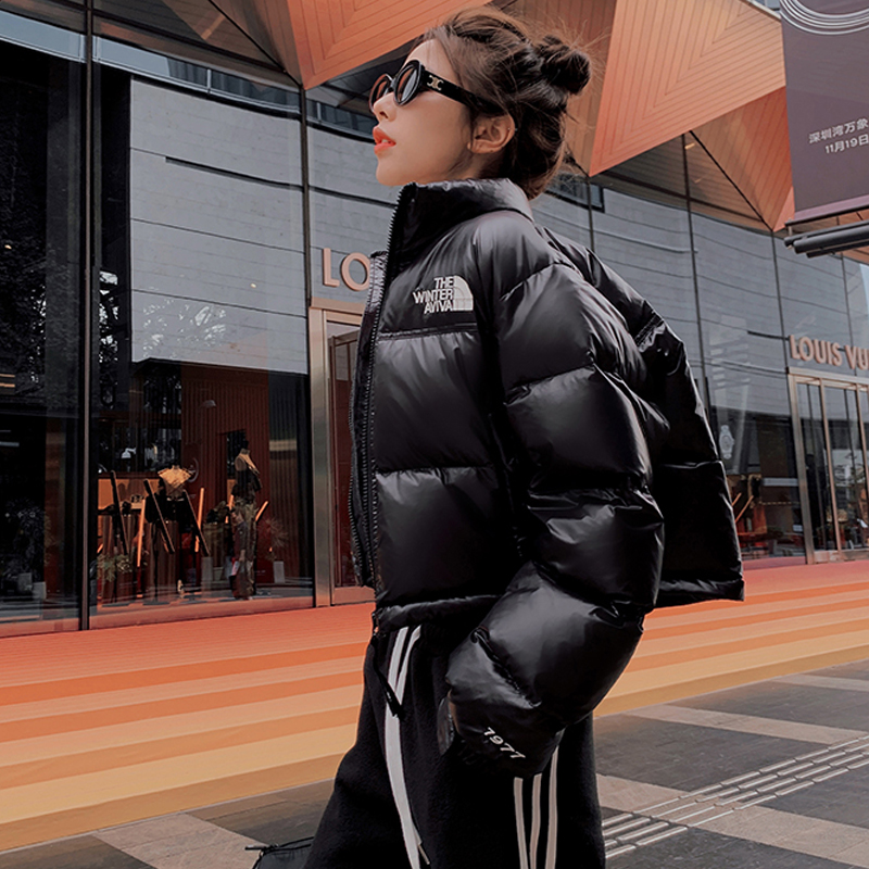 黑色零压感棉衣短款时尚百搭棉服女冬撞色绣花百搭外套小个子外套