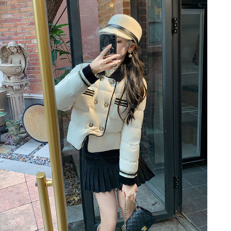 法式气质高级感小香风拼接polo领棉衣女2023冬新款小个子棉服外套