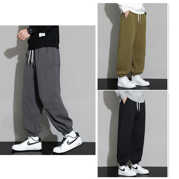 外贸新款春秋男胖子加肥加大码宽松休闲松紧腰纯色毛圈运动长裤3