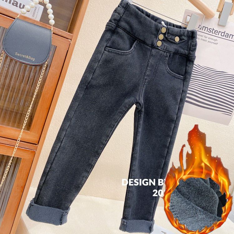 时尚女童裤子2023新款冬季中大儿童洋气加厚一体绒牛仔小脚铅笔