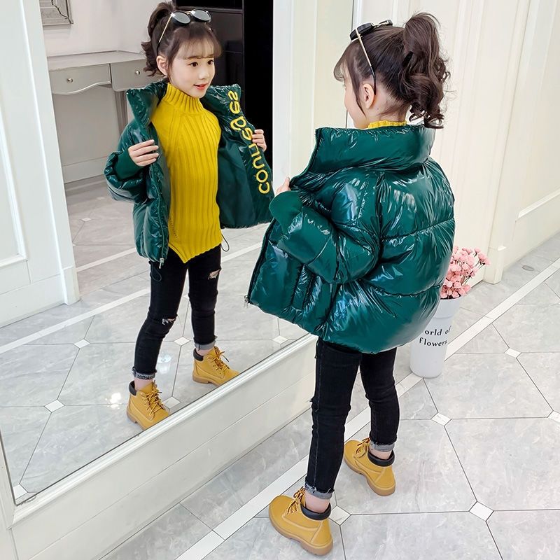 女童冬装加厚羽绒服儿童洋气袄中大童冬季短款亮面免洗面包服