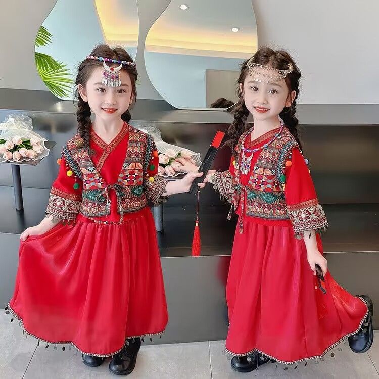 女童民族异域风套装春秋款幼儿园女宝宝中国风唐装红色舞民族风洋