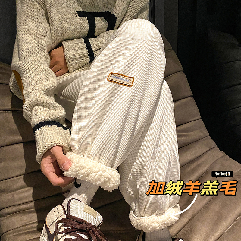 白色华夫格裤子女冬加绒加厚外穿奶奶棉裤2023新款爆款运动裤束脚