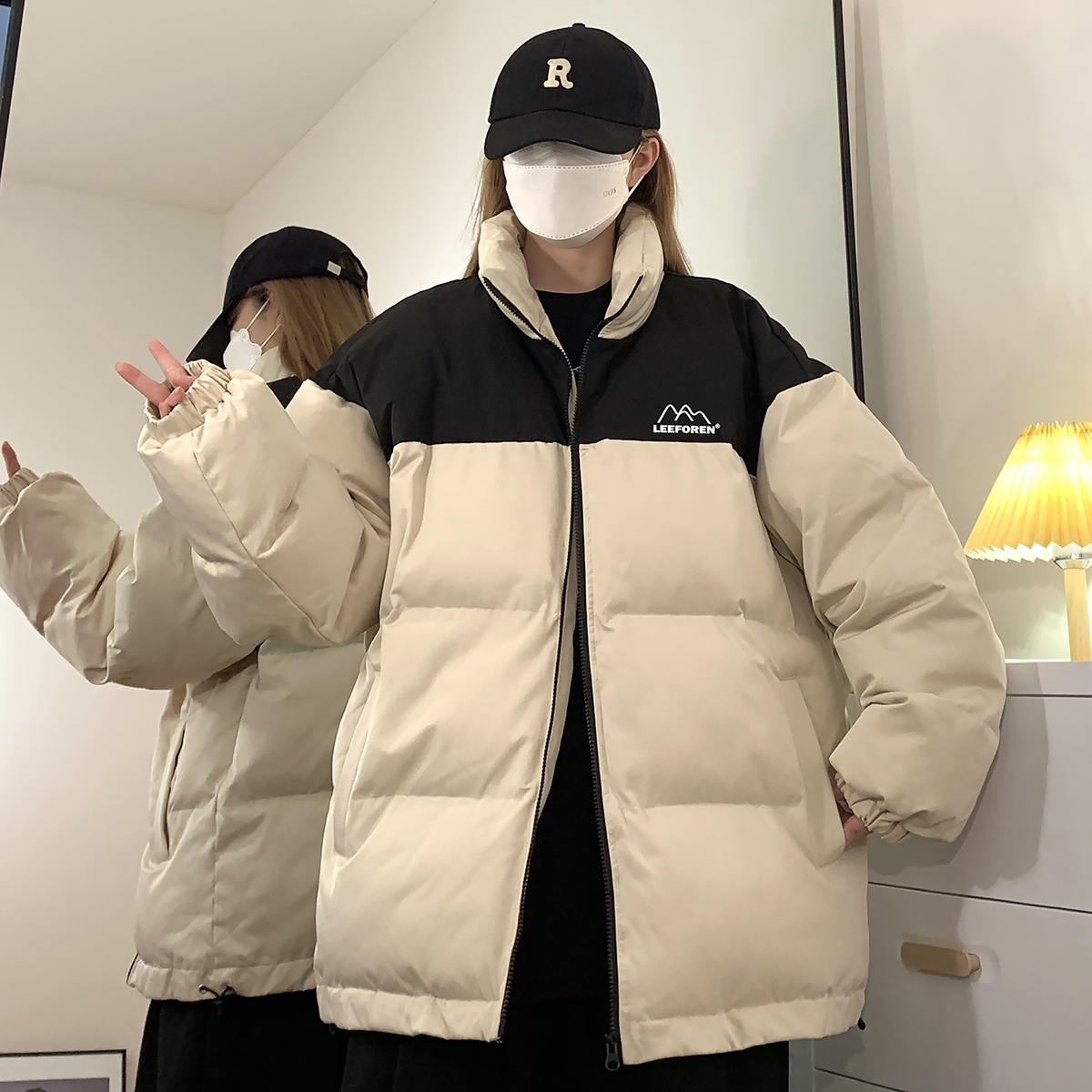 胖mm美式立领棉衣女冬季新款宽松百搭棉服撞色面包服大码女装棉袄