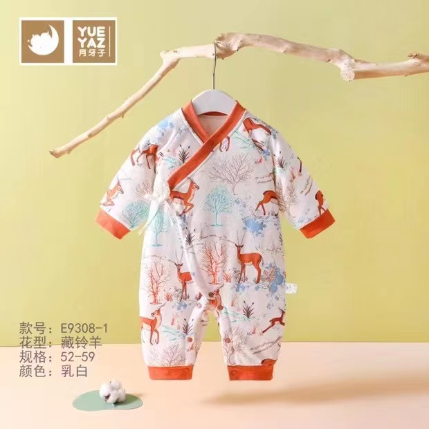 新生儿薄棉连体衣宝宝春季衣服0-3月印花秋款连体衣长袖哈衣爬服.