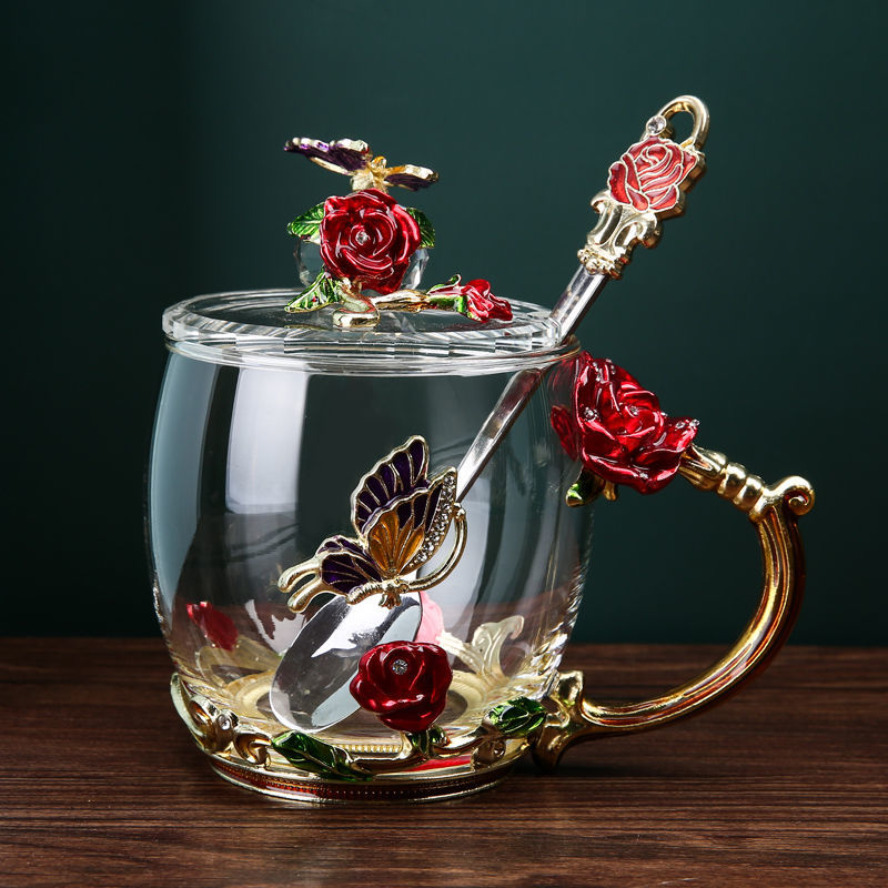 高档轻奢珐琅彩花茶杯无铅水晶玻璃耐热水杯教师节母亲节礼物首选