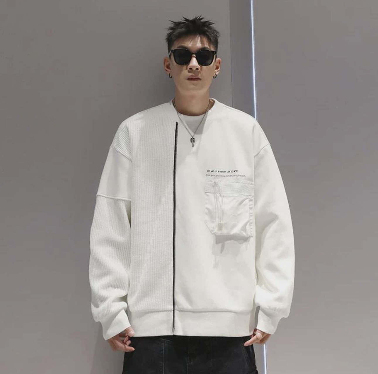 口袋设计圆领卫衣  秋季男士美式潮牌宽松休闲卫衣24169