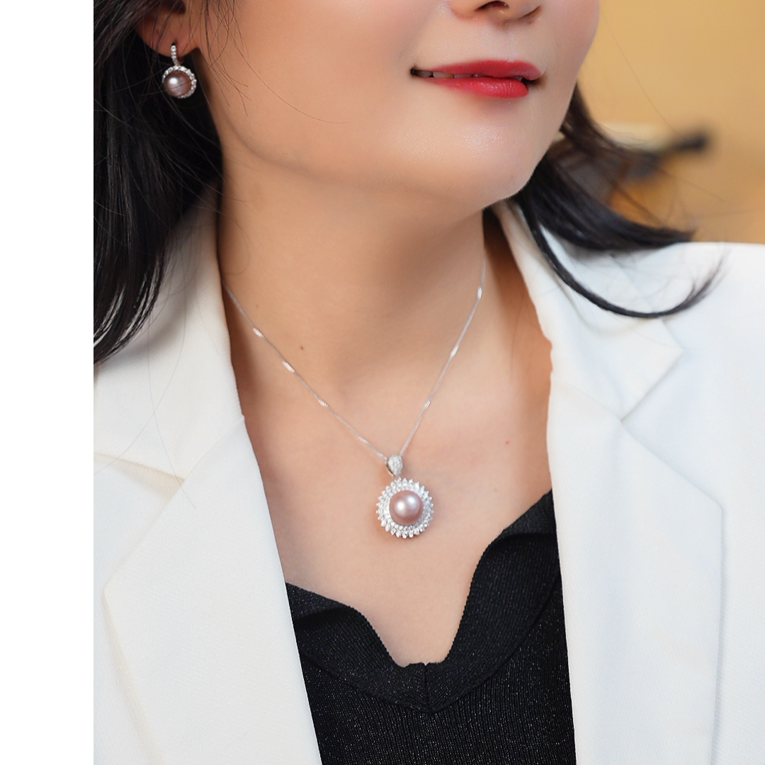 JASENING/晶兴珠宝 紫霸王花 淡水珍珠吊坠 天然珍珠吊坠 