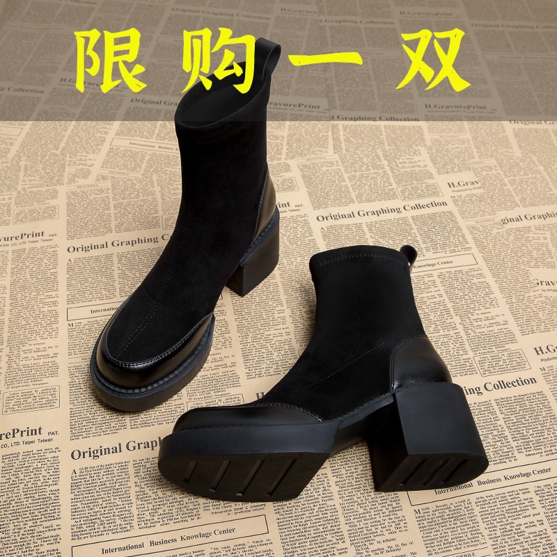 百丽纯爱红高跟马丁靴子女粗跟2023新款秋季百搭短靴女网红瘦瘦