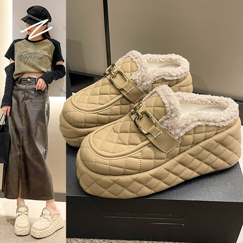 百丽纯爱高跟小个子毛毛拖鞋女外穿2023秋冬新款厚底松糕坡跟包头