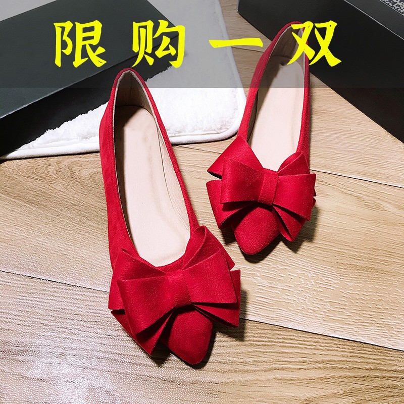 百丽纯爱婚鞋女结婚新娘红色秀禾服鞋2022新款尖头浅口单鞋绒面