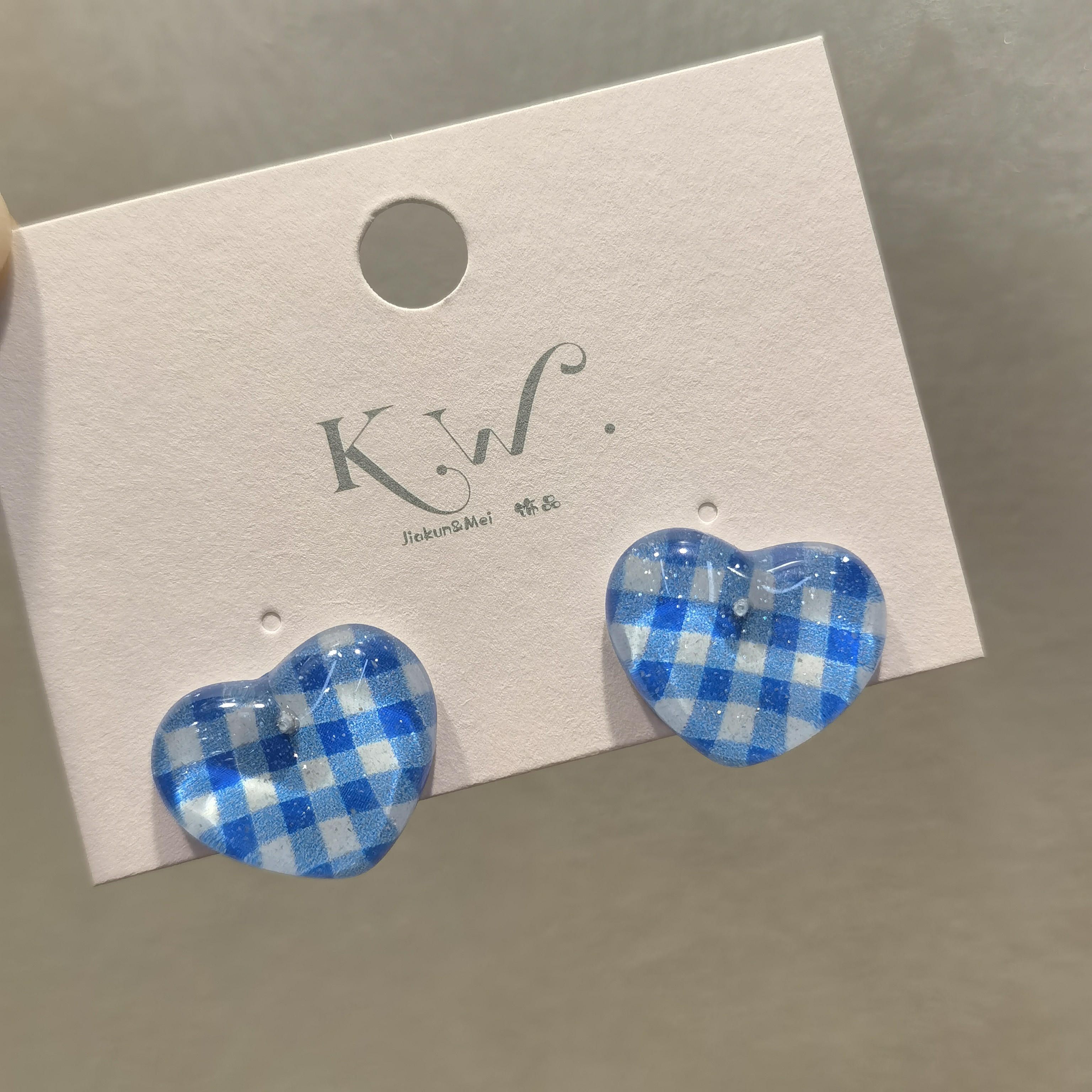 铜合金仿珍珠项链 B680(满9.9包邮)蓝色格子爱心耳钉耳饰