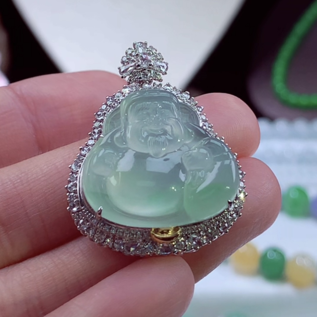 收藏级老坑种缅甸天然翡翠A货高冰种金丝绿财神爷吊坠