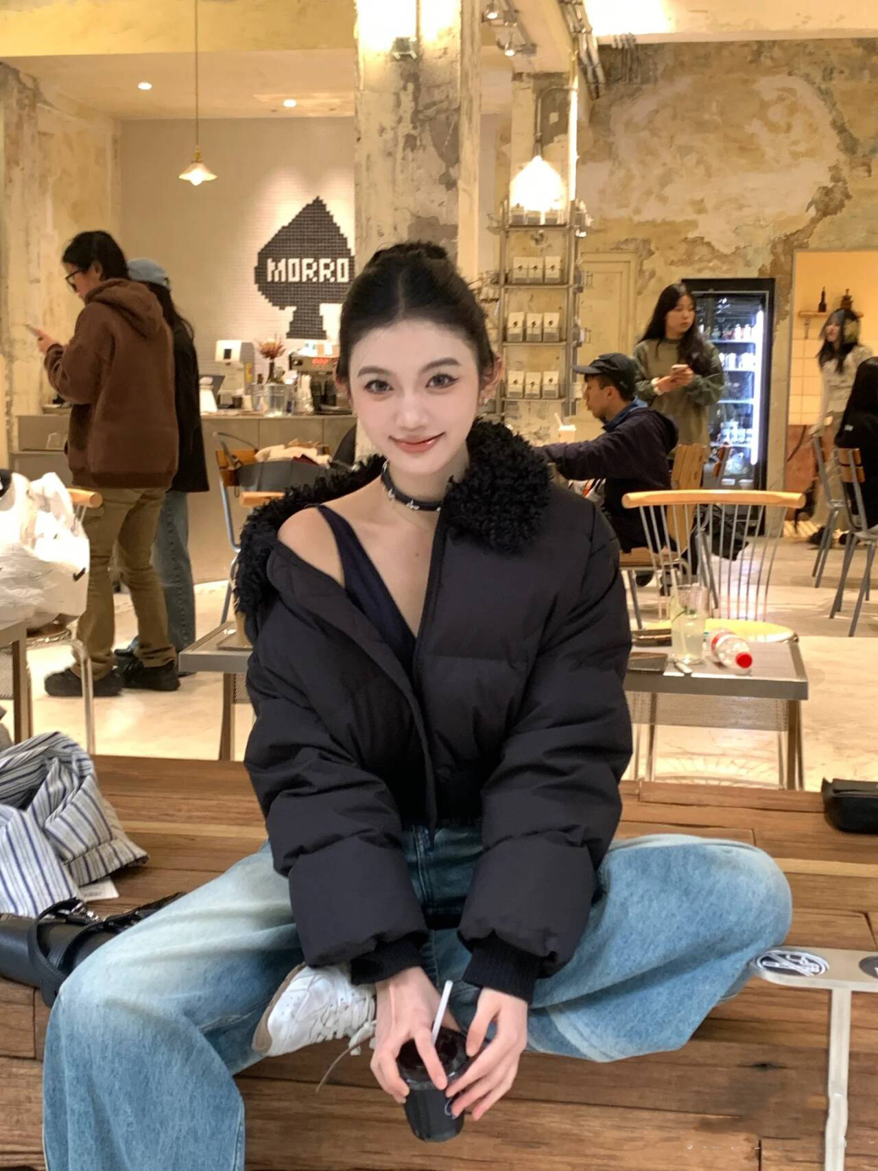 拼接颗粒毛领短款保暖翻领上衣网红百搭高腰外套时尚显瘦ins加厚