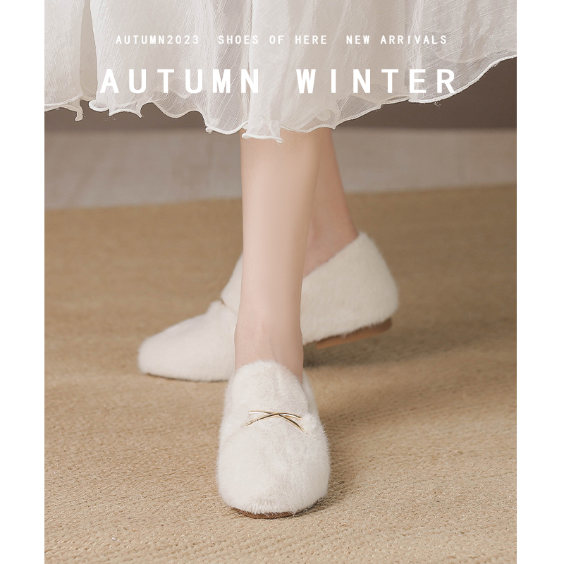 仙女风毛毛鞋女秋冬外穿加绒豆豆鞋女法式平底百搭休闲保暖棉瓢鞋