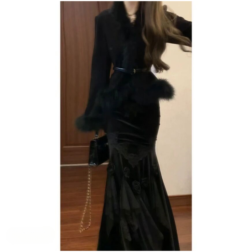 千金风贵气感冬季毛毛外套 立体花朵丝绒鱼尾裙修身半裙ZC60