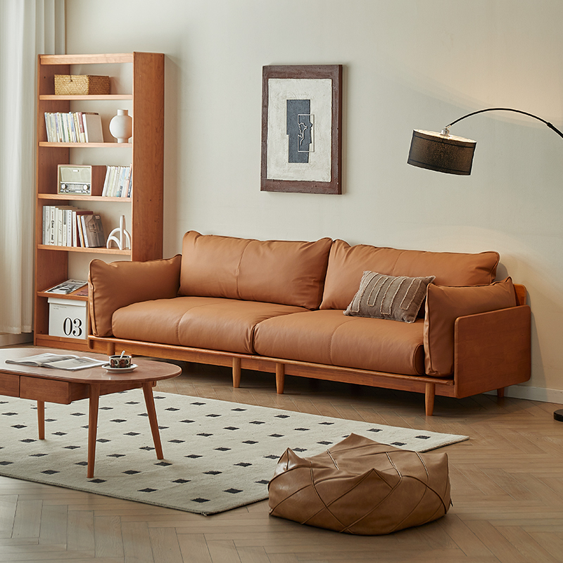 云云佳美实木真皮沙发简约直排大三人位樱桃木色原木风沙发轻奢