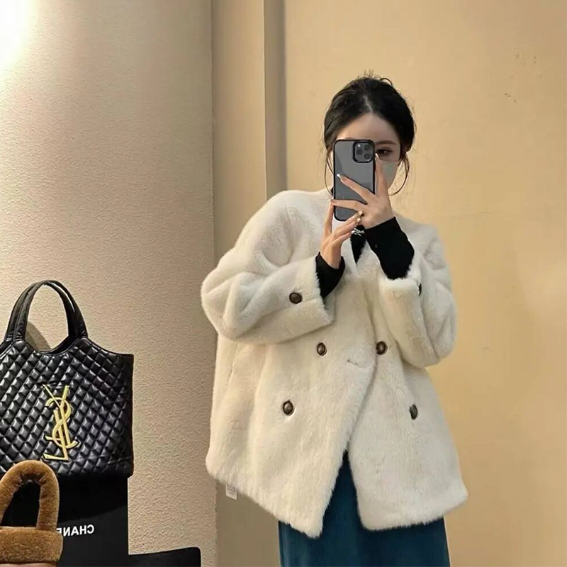 人造皮草 网红百搭冬季加厚女士小个子短款V领韩版人造皮草秋冬