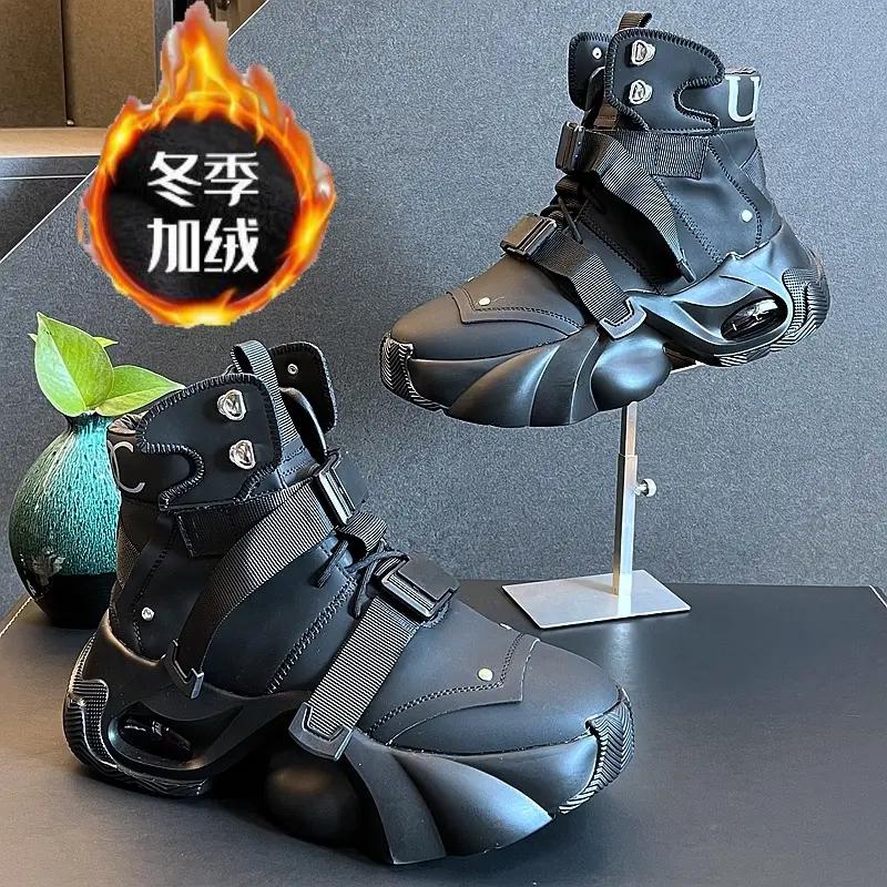 高帮鞋子男欧美风时装靴短靴2023秋冬潮款男鞋厚底增高中邦老爹鞋