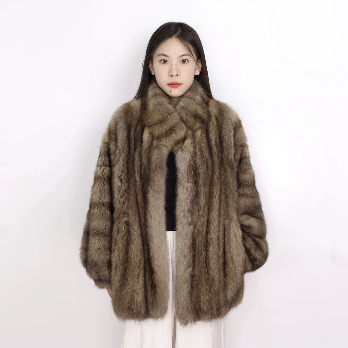 红人上新俄罗斯紫貂重工穿刀立翻领中长款时尚风灯笼袖皮草大衣
