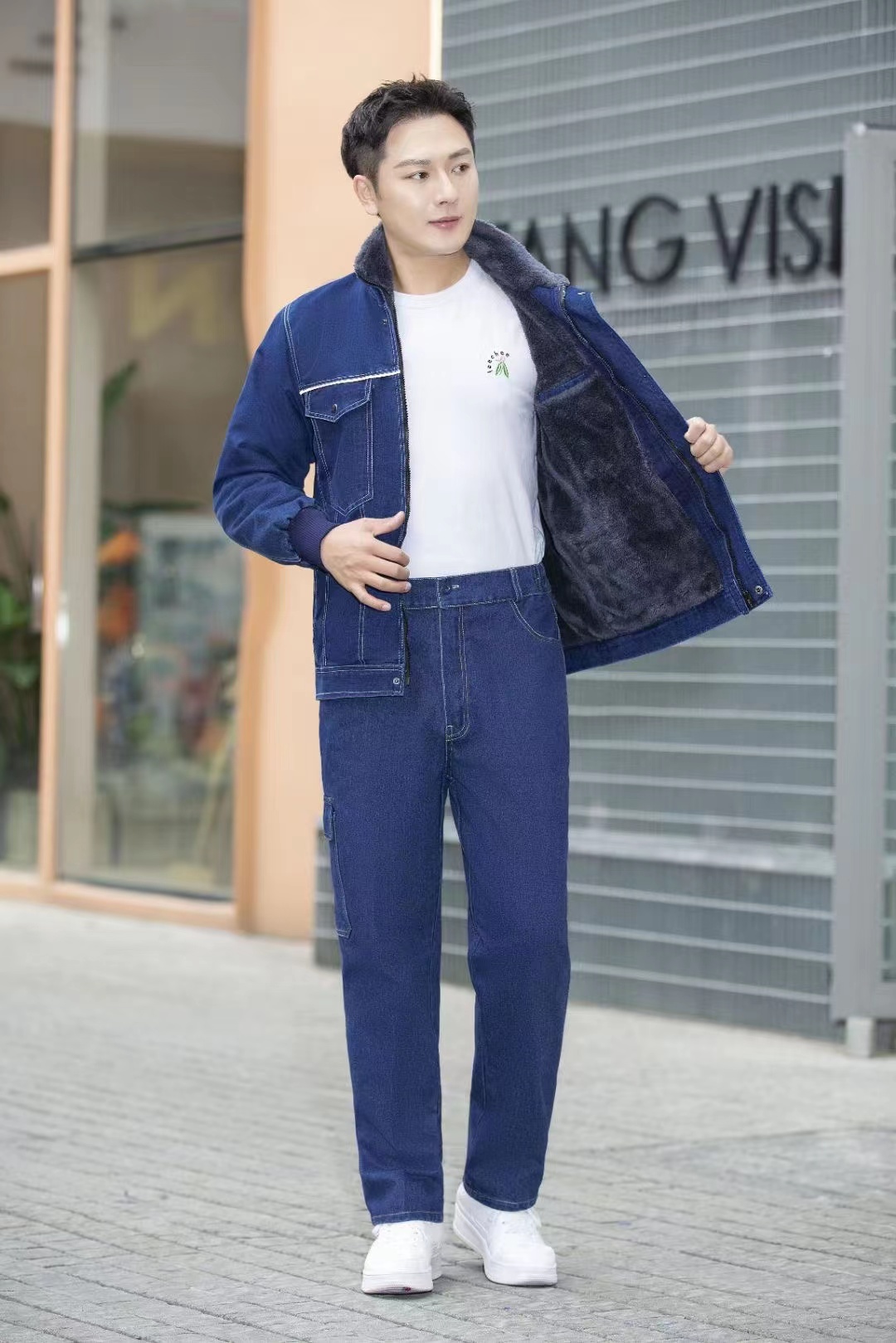 牛仔加绒棉服加厚防寒保暖劳保棉服工作服冬季时尚外套绒服电焊