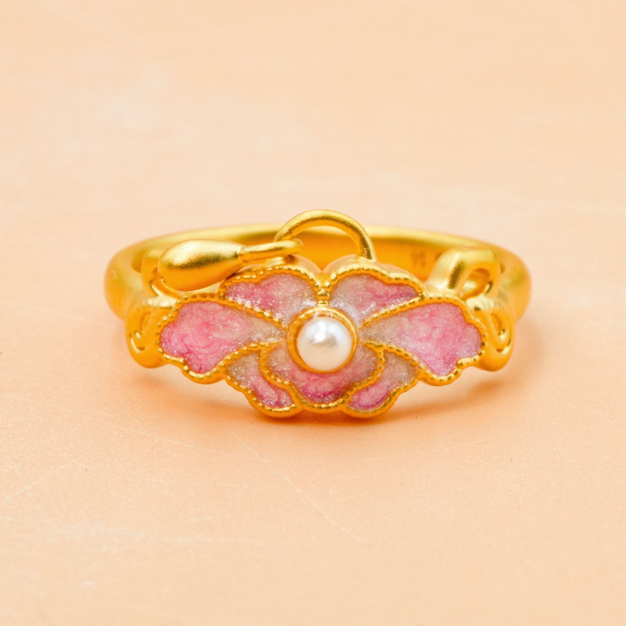 金美福足金999粉色珐琅牡丹殿戒指3D硬金新中式设计款