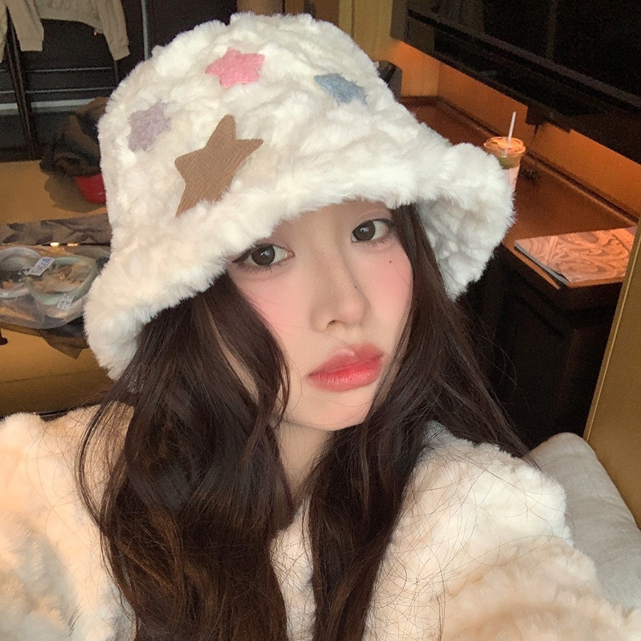 2023韩版秋冬新款毛绒绒星星甜美女朋友帽子冬天保暖素颜盆帽百搭