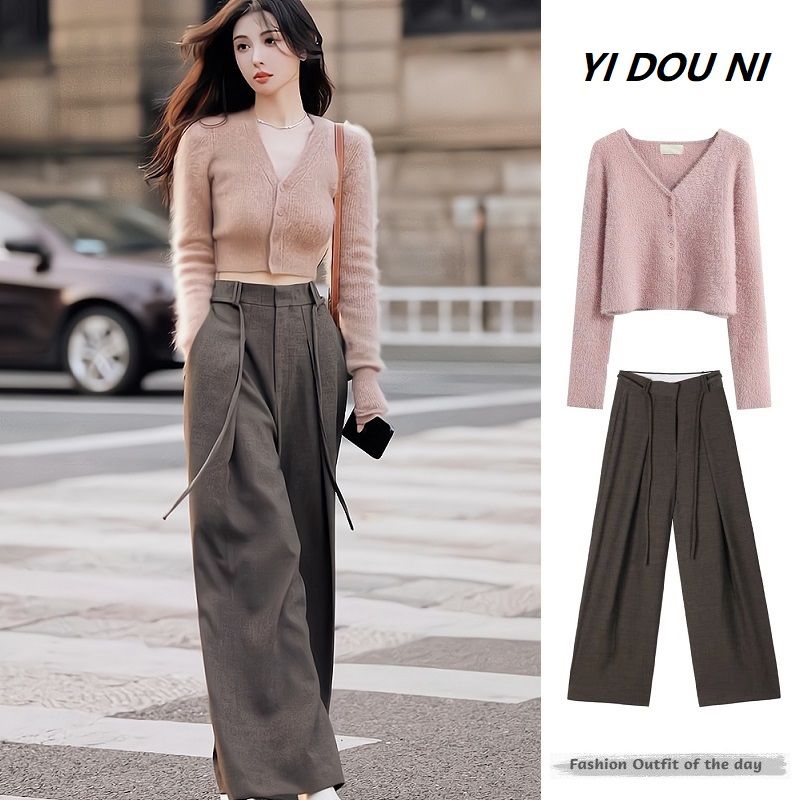 秋冬茶系穿搭休闲爆款炸街酷飒风辣妹针织衫毛衣阔腿裤两件套装女