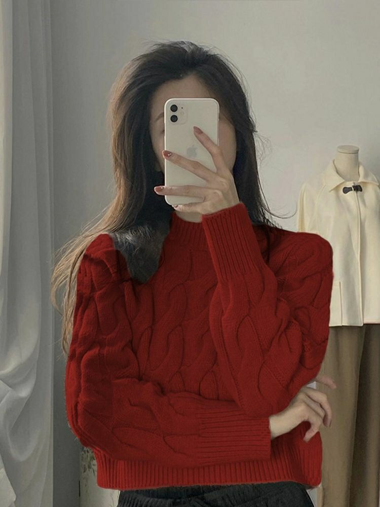 港味复古麻花毛衣女秋冬半高领小众chic小个子内搭针织衫短款上衣