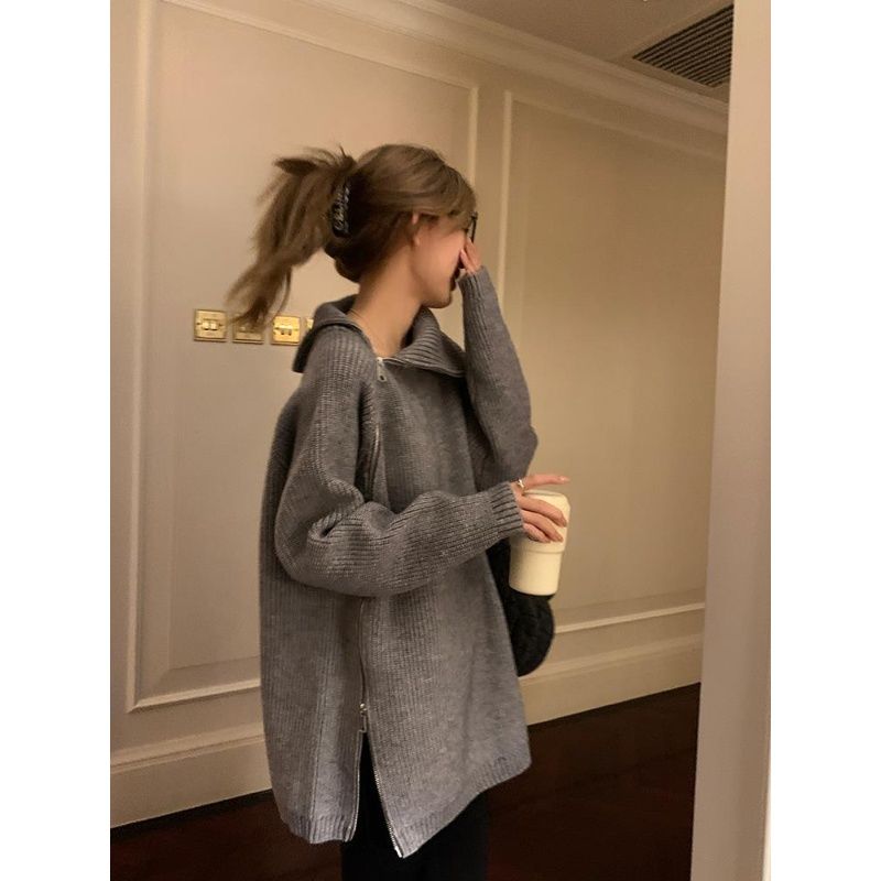 不规则拉链毛衣女慵懒风韩系高领中长款宽松设计感灰色针织上衣潮