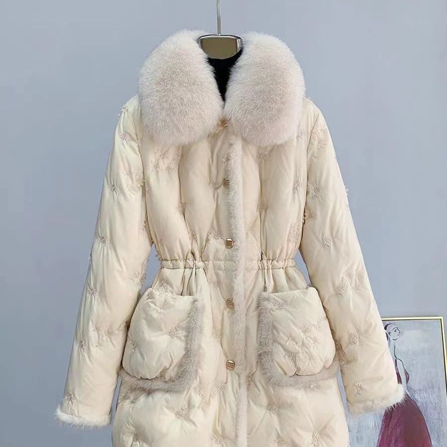 2023冬季新款防狐狸毛领皮草羽绒服女中长款水貂毛白鸭绒轻便防寒