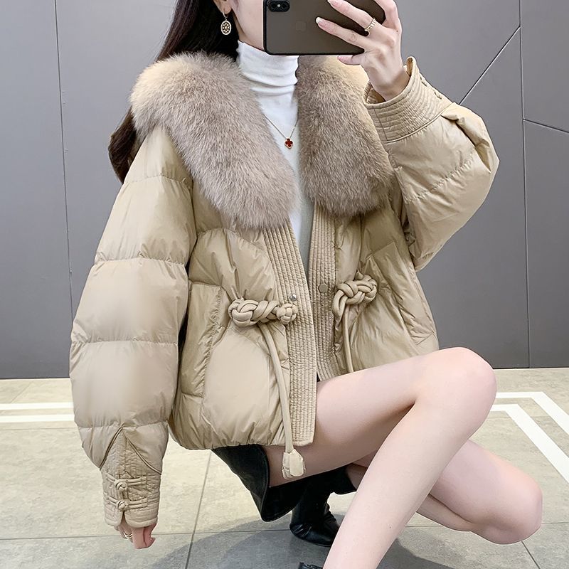 新款面包服皮草外套女2023冬爆款可拆卸大狐狸毛领羽绒服短款大衣