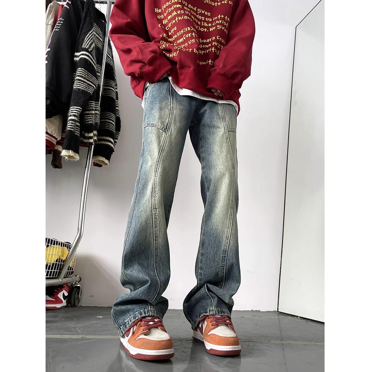 美式vibe废土风复古牛仔裤男款秋冬潮流宽松直筒休闲高街微喇裤子