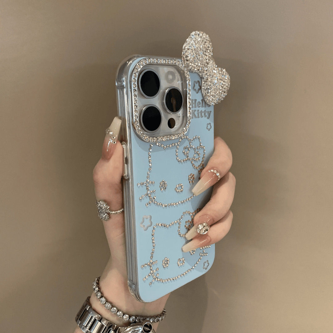 奶蓝水钻kitty蝴蝶结苹果适用于苹果15闪钻手机壳高级感14/13/12