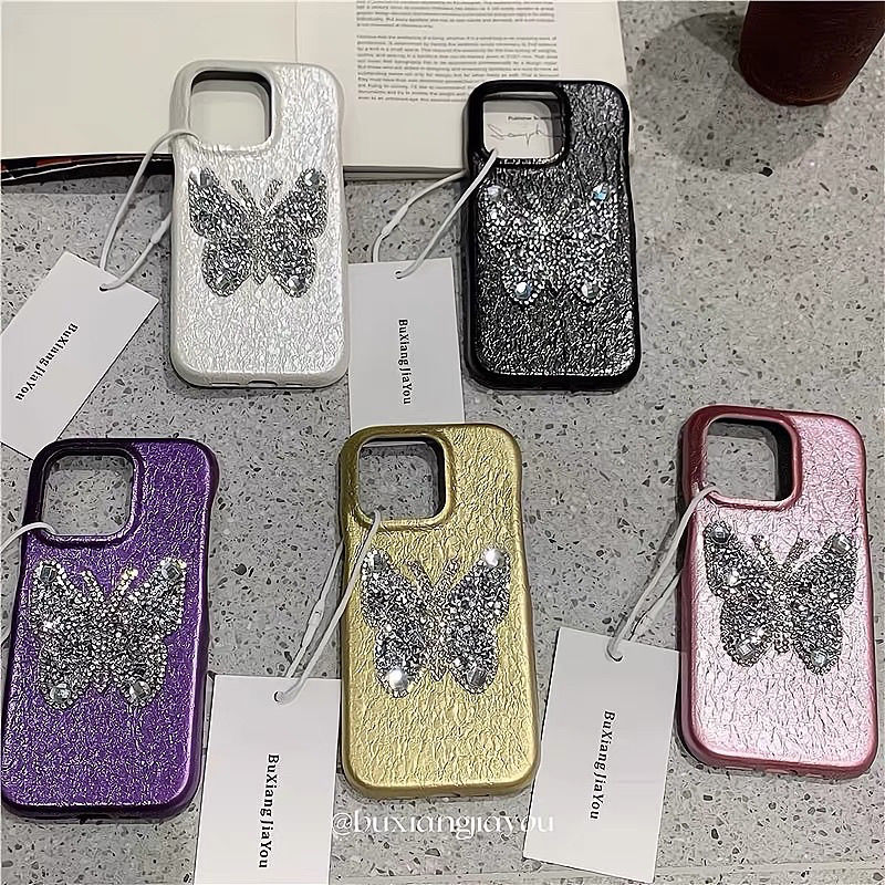 轻奢高级皮纹水钻蝴蝶适用13苹果15promax手机壳iphone14新款12女