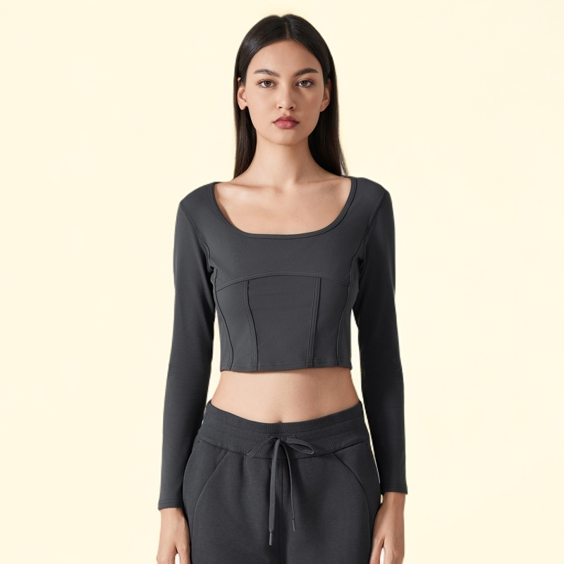 鱼骨瑜伽长袖T恤女秋冬修身短款显身材速干吸汗运动跑步上衣女