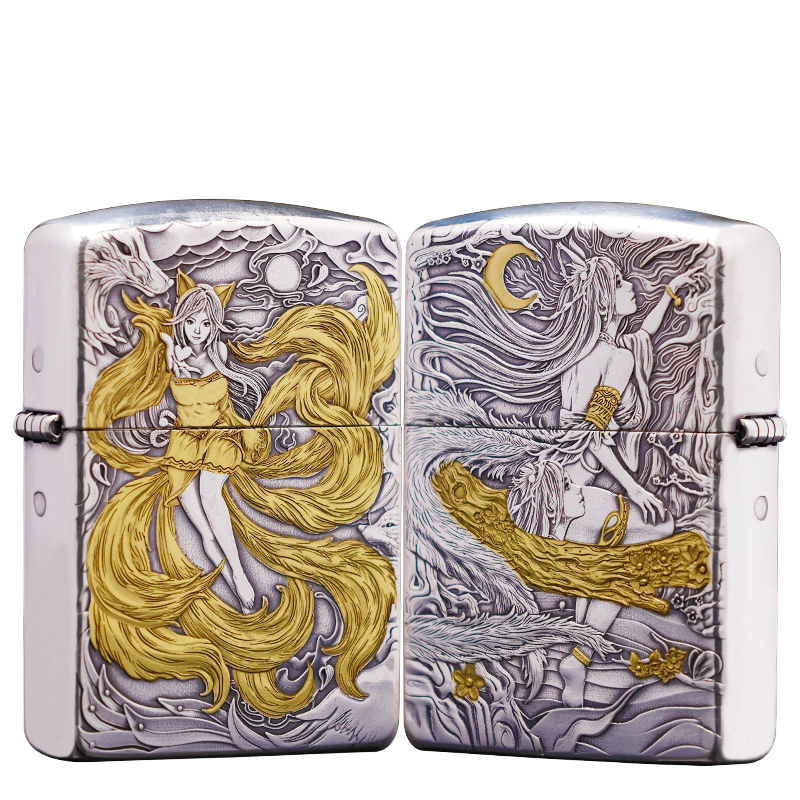 ZIPPO/之宝【镀金包银三代九尾】立体浮雕 盔甲防风打火机 DYX1H1