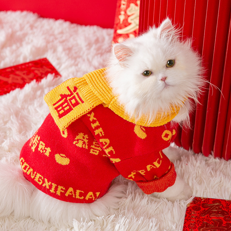 小狗狗新年款秋冬季恭喜发财围巾毛衣套装猫咪过年两宠物狗衣服