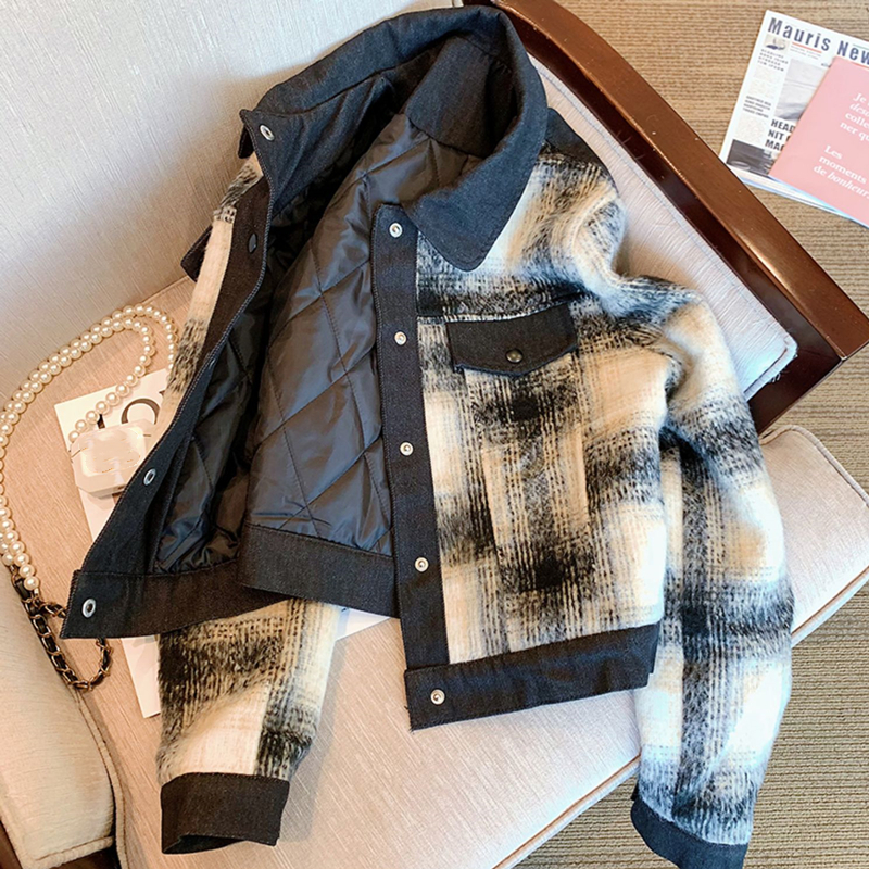 撞色黑白格纹小香风短款外套女2025秋冬新款夹棉复古休闲夹克上衣