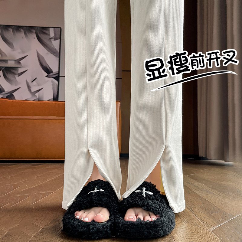 白色雪尼尔窄版阔腿裤女秋冬季2025新款加绒喇叭裤灯芯绒开叉裤子