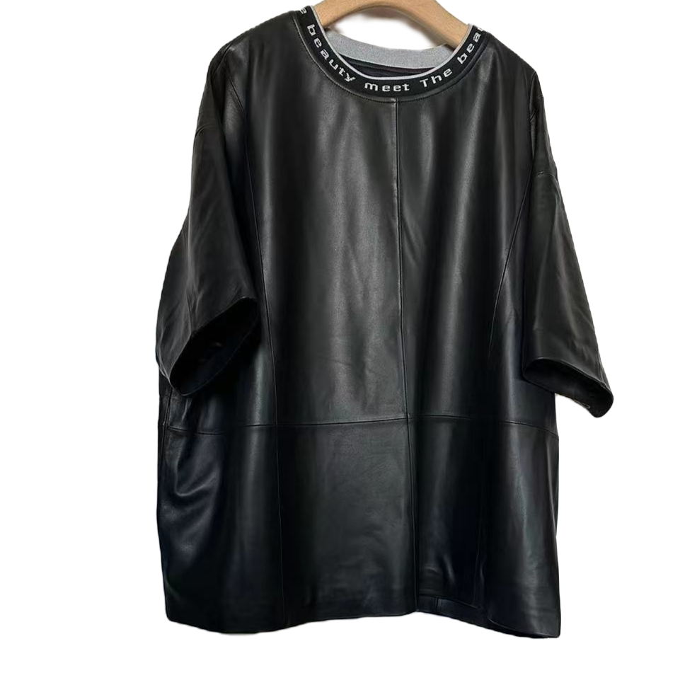 {天泽}时尚个性休闲皮上衣 网红黑色宽松DO/艾丝柏舍