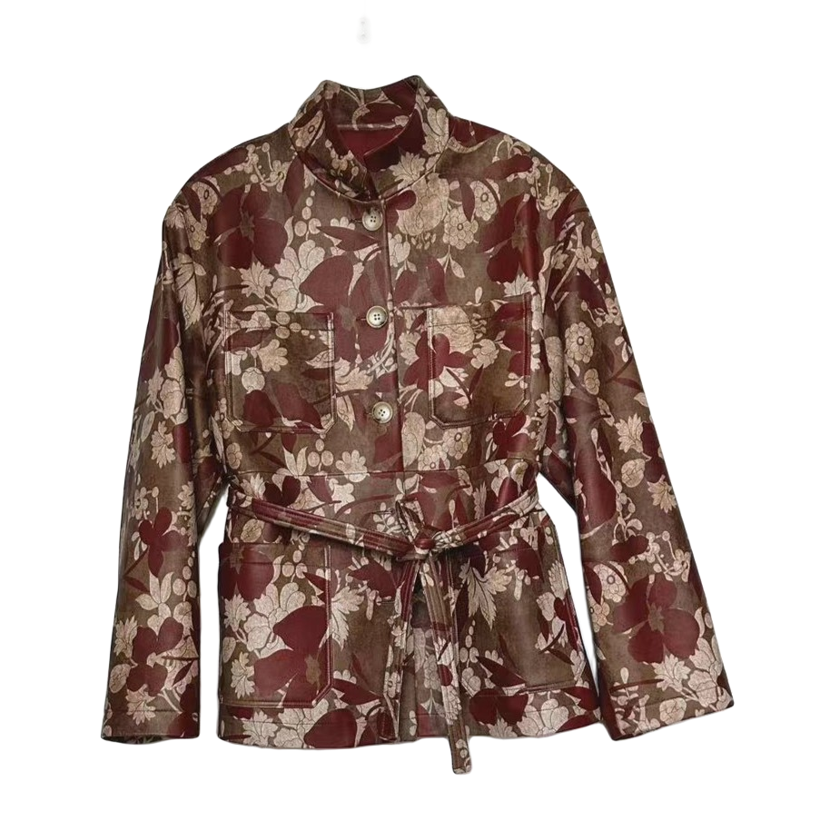 {天泽}时尚印花绵羊皮短款百搭复古气质皮衣外套