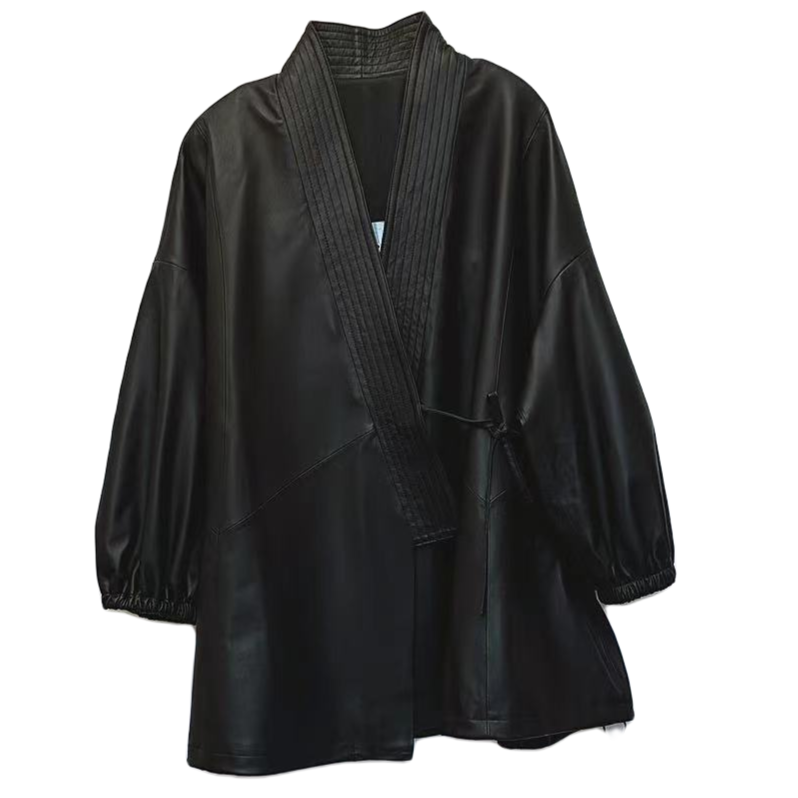 {天泽}时尚休闲百搭秋冬设计师气质绵羊皮黑色皮衣女外套