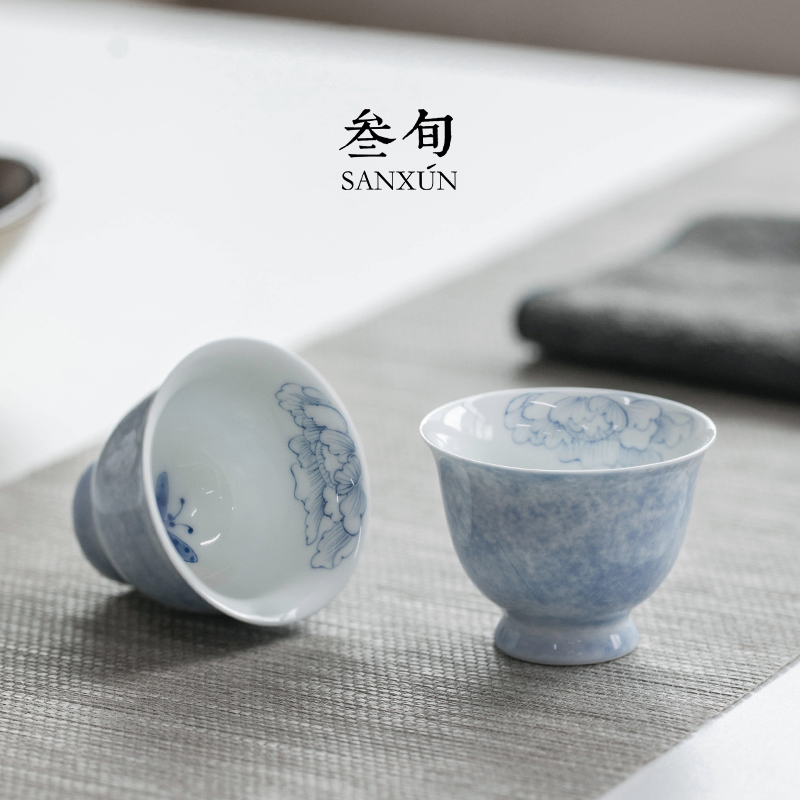 叁旬 手绘蝶恋花茶杯主人杯简约陶瓷家用单杯个人专用品茗杯高档
