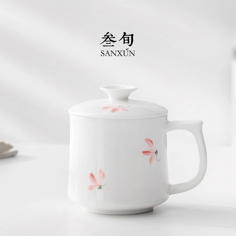 叁旬手绘粉兰陶瓷水杯创意带盖泡茶杯高档精致女办公室马克杯杯子